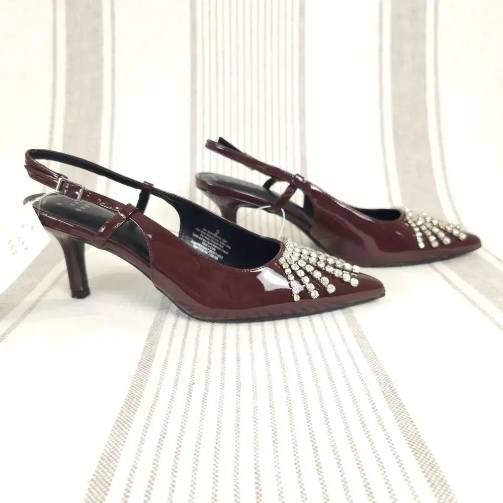 A New Day Kitten Heels Womens 9 Red Patent Slingback Rhinestone Pointed Toe